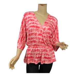 Colleen Lopez NWT Red and White Tie Dye Peplum Top with Faux Wrap and V-Neck ~